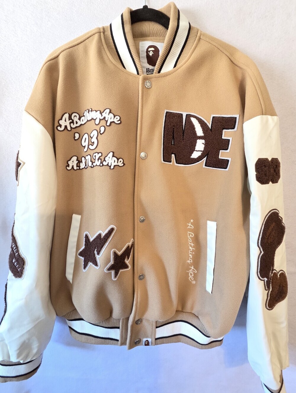 A BATHING APE BAPE MULTI MOTIF VARSITY JACKET BEIGE SIZE XXL (NWT) - Picture 3 of 14